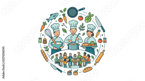Diverse chefs preparing food and communal dining illustration
