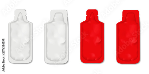Tear notch bottle shaped sachet pouch. Realistic vector mock-up set. Blank flat spout plastic bag. White, color. Easy editable mockup. Liquid product single dose, serving package. Template for design