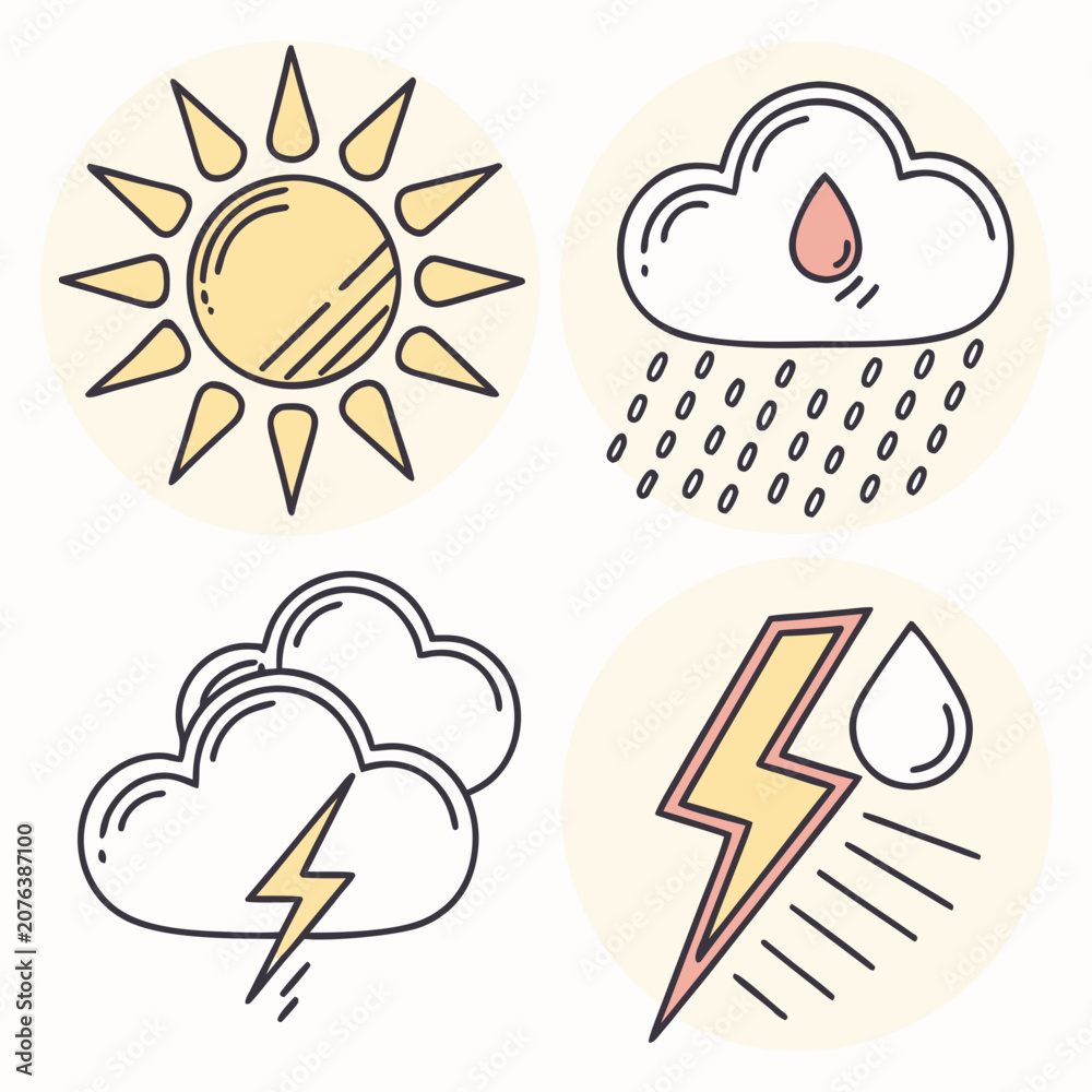 Naklejka premium Weather Icon Set with Sun Rain Rainbow and Thunderstorm Flat Line Vector Illustration