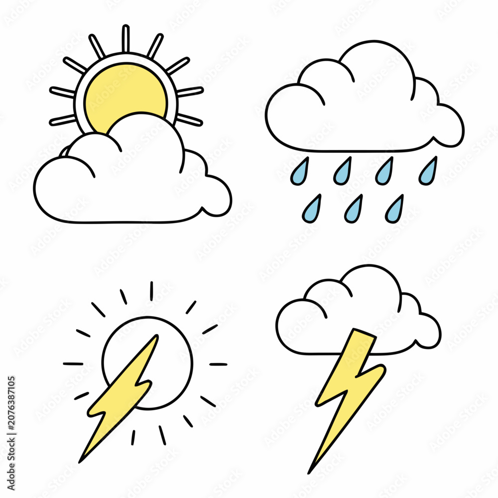 Naklejka premium Weather Icon Set with Sun Rain Rainbow and Thunderstorm Flat Line Vector Illustration