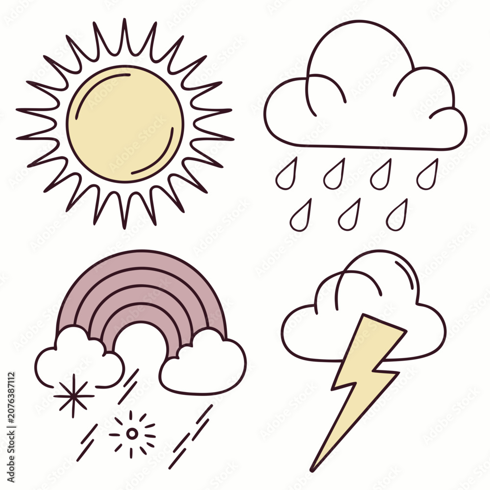 Fototapeta premium Weather Icon Set with Sun Rain Rainbow and Thunderstorm Flat Line Vector Illustration
