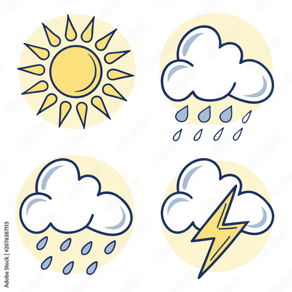 Naklejka premium Weather Icon Set with Sun Rain Rainbow and Thunderstorm Flat Line Vector Illustration