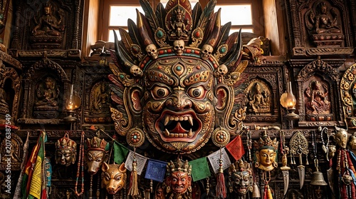 Intricate tibetan buddhist altar with fierce wrathful deity mask and traditional ritual objects
