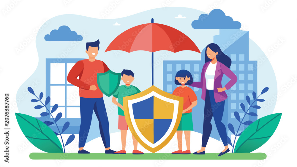 Obraz premium Family protected by shield and umbrella under city skyline symbolizing security and insurance concept with vibrant colors