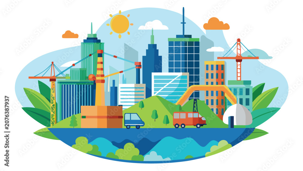 Fototapeta premium Modern city skyline with construction cranes and greenery under a sunny sky