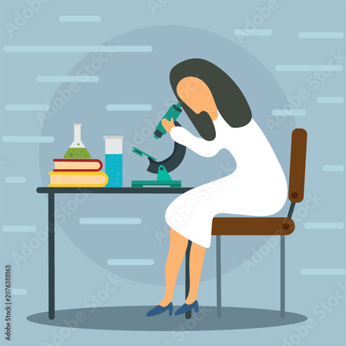 Female scientist using microscope conducting laboratory medical research analysis vector