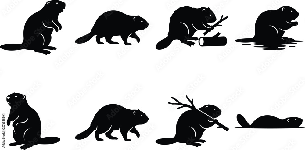Fototapeta premium Beaver Silhouette Collection with Various Wildlife Poses and Activities