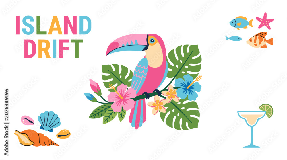 Fototapeta premium Tropical island drift design. Toucan bird and summer paradise vector artwork.