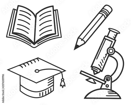 Bild auf Leinwand Open book pencil microscope and graduation cap vector icons set for education and science concepts line art illustration of academic tools isolated on white background for school and college design