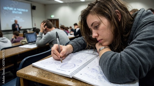 A female student rests her head on her desk in a lecture hall, aimlessly doodling circles in her notebook. The blurred background emphasizes her deep boredom and distraction.