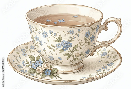 Vintage porcelain teacup and saucer with blue forget-me-not flowers watercolor illustration isolated on white background