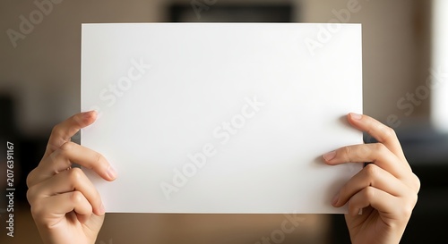 Blank White Paper Held by Hands in Soft Indoor Background