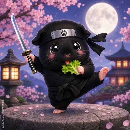 AI Generated Kawaii Black Ninja Guinea Pig Holding a Sword and Lettuce