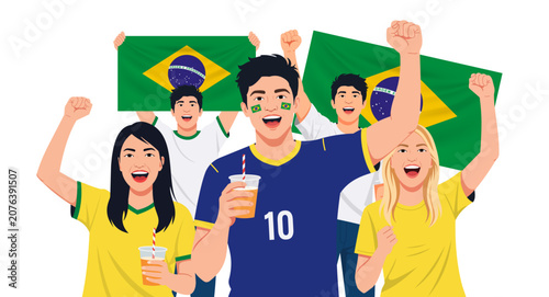 Quadro su tela Vector illustration of enthusiastic Brazilian football fans cheering with Brazil flags