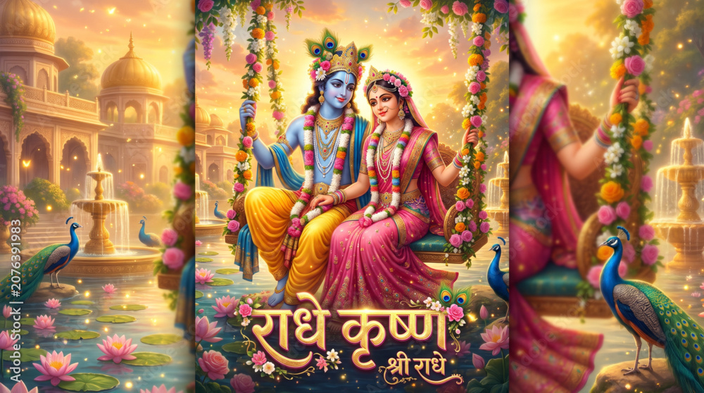 Fototapeta premium Radha Krishna on Floral Swing in Palace Garden for Spiritual Greeting Card Design