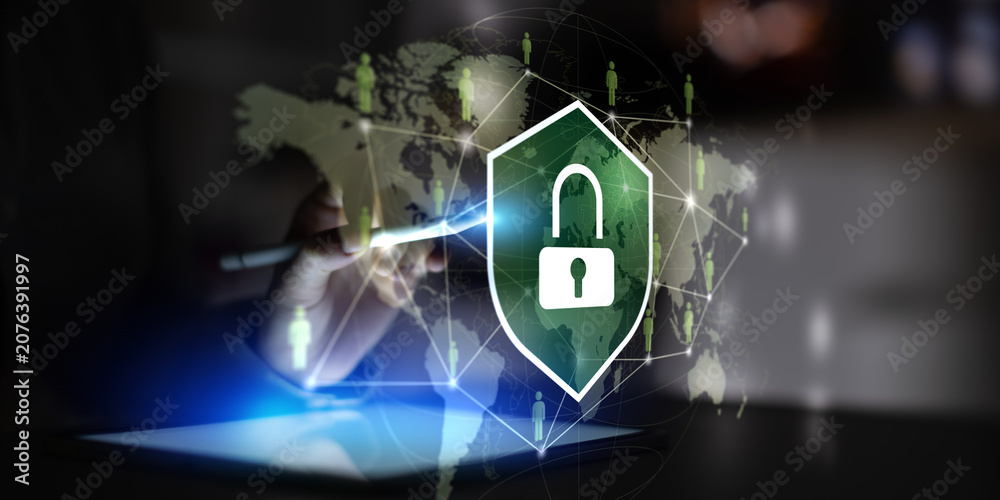 Fototapeta premium Cybersecurity Protection with Lock and Shield Icons on Digital Interface