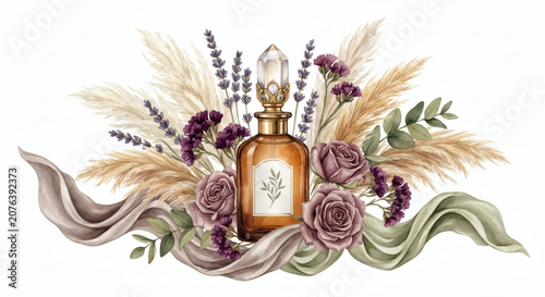 Vintage perfume bottle with dusty roses lavender and pampas grass floral arrangement watercolor illustration isolated on white background