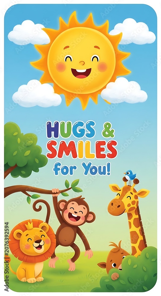 Naklejka premium Cheerful Cartoon Safari Animals Smiling Under Happy Sun in Colorful Greeting Card