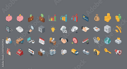 Comprehensive isometric business and finance icon collection