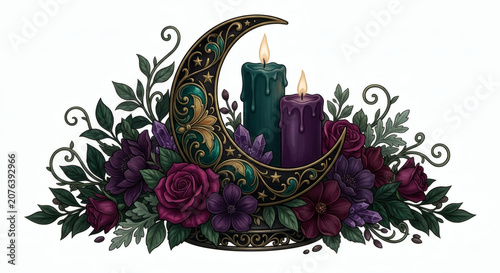 Ornate gothic crescent moon with burning candles and dark roses floral arrangement isolated on white background
