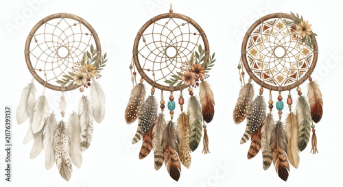Watercolor dreamcatcher collection with feathers beads and wildflowers isolated on white background
