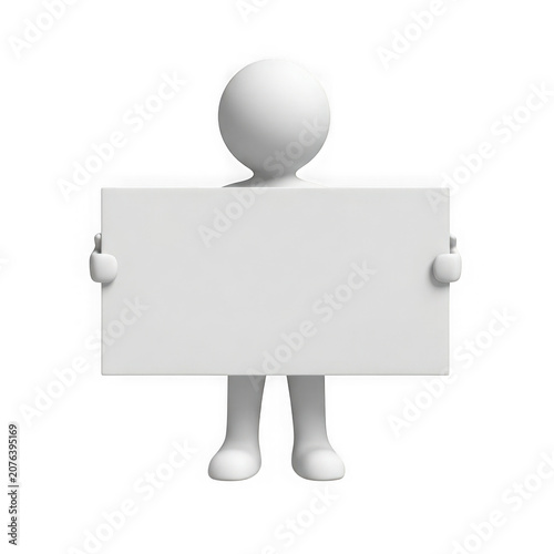 Simple 3D cartoon figure holding blank rectangular sign transparent background