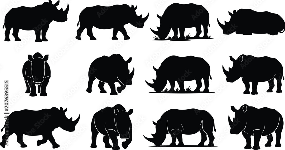 Fototapeta premium Rhinoceros Silhouette Collection Isolated Wildlife Animal Vector Set