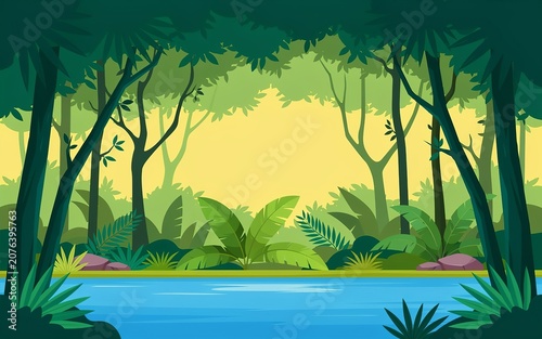 Cartoon style of a lush green jungle forest with tall trees, dense foliage, and a calm blue river flowing through the center, creating a peaceful and vibrant natural landscape scene