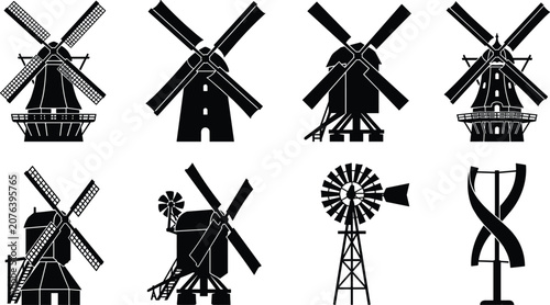Windmill and Wind Turbine Silhouette Collection Vector Landmark Set
