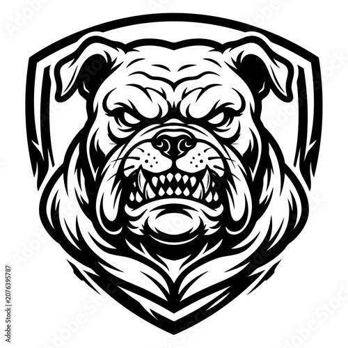 Konstfotografi A menacing bulldog head with bared teeth and intense expression is centered within a shield emblem