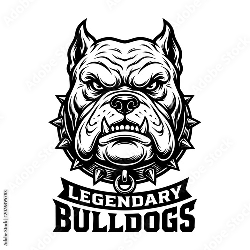 фотографія A menacing bulldog's face illustration with spiked collar and legendary text
