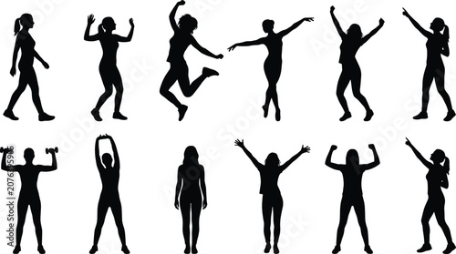 Women Activity Silhouette Collection with Fitness Dancing Walking and Celebration Vector Set