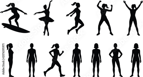 Women Fitness Activity Silhouette Collection with Running Surfing Dancing and Exercise Vector Set