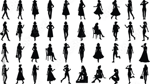 Women Silhouette Bundle with Walking Standing Sitting and Fashion Pose Vector Collection