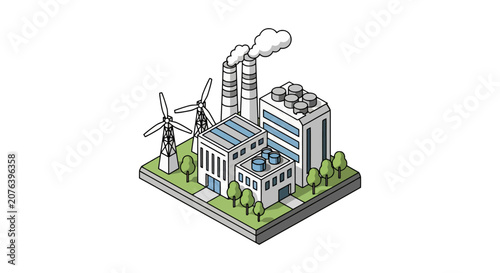 Industrial factory and wind energy farm isometric view