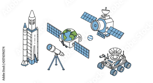 Space exploration equipment including rocket satellite and rover
