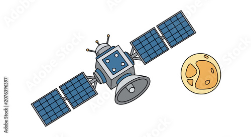 Communications satellite orbiting a distant orange planet