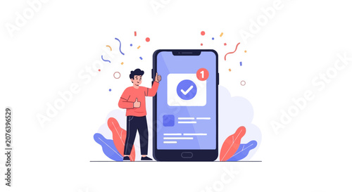 Happy man standing by smartphone with successful checkmark notification