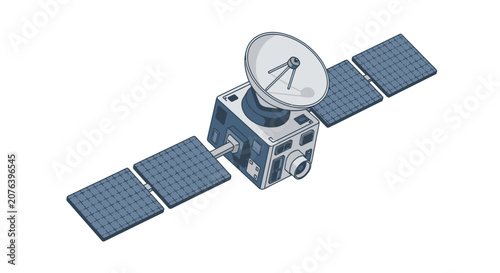 Satellite with solar panels and parabolic antenna for communication