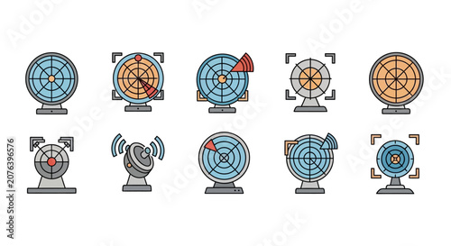 Set of circular radar screen icons with different scanning modes