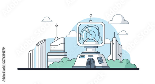 Futuristic city skyline with communications tower and radar system