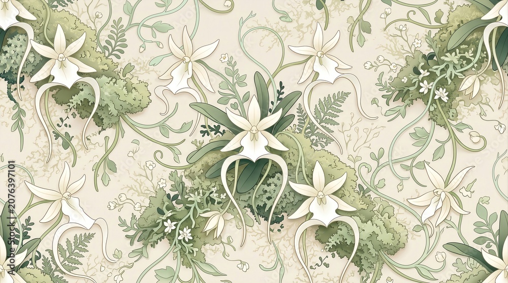 Fototapeta premium Elegant vintage botanical seamless pattern featuring white flowers, green foliage, and ornamental vines on a soft textured background. Suitable for wallpaper, textiles, stationery, and surface pattern
