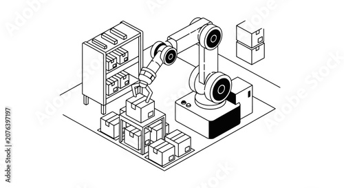 Industrial robotic arm moving cardboard boxes in warehouse