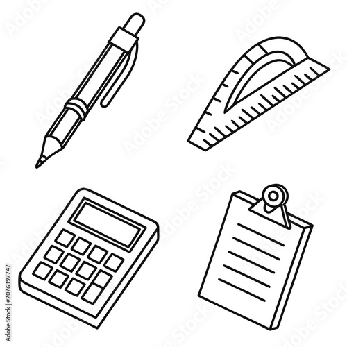 Set of four school supplies vector doodle line art icon set featuring a mechanical pencil, a flexible ruler, a calculator, and a clipboard with paper on white background.
