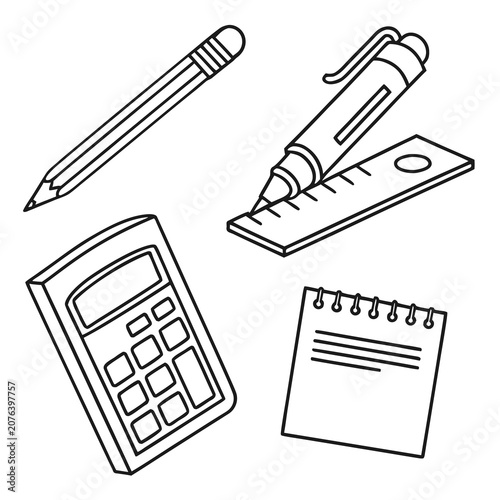Set of four school supplies vector doodle line art icon set featuring a pencil, a mechanical pencil with a ruler, a calculator, and a spiral notebook on white background.