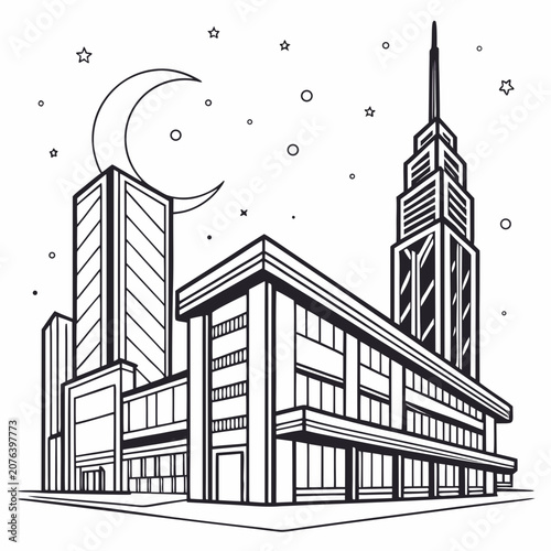 Modern city skyline at night with moon and stars in minimalist line art style showing skyscrapers and commercial buildings under a dark sky with celestial elements for coloring book and urban decor.