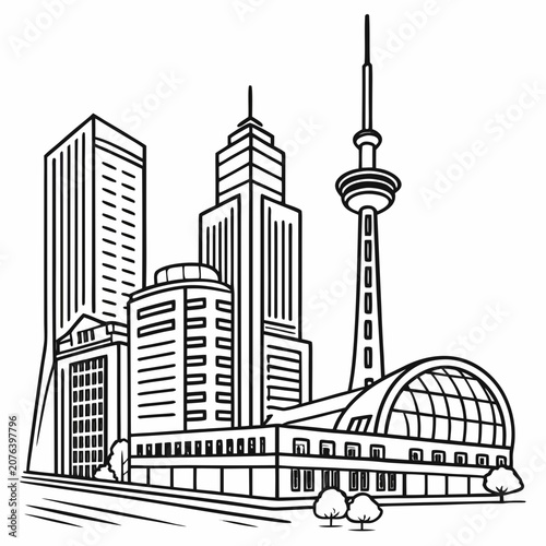 Urban downtown cityscape with high rise towers and central broadcast spire featuring geometric architectural design elements in bold line art vector illustration of modern metropolitan city landscape.