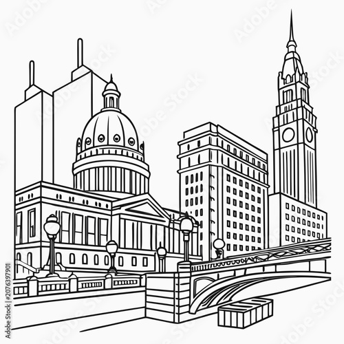 Outline urban landscape: impressive domed government building, prominent clock tower, modern high-rises, and an ornate bridge with lampposts over water.