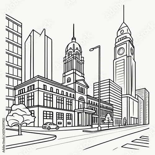 Outline cityscape with modern and classic architecture: tall skyscrapers, grand historic buildings, a clock tower, car on street, and trees along the road.