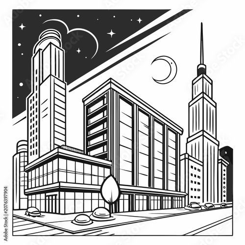 Nighttime city street corner illustration with moon and starry sky split design featuring modern office buildings and street side parking in bold line art style for urban lifestyle and coloring.